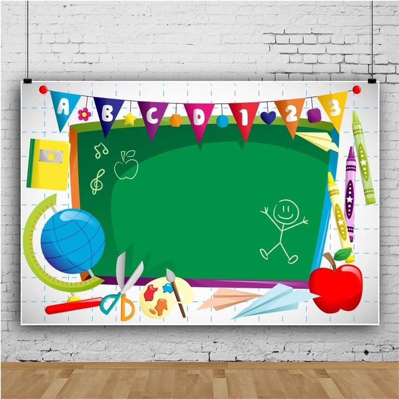 Leyiyi 8x6ft Vinyl Photography Background Welcome to Kindergarten Backdrop ABC Letters Blackboard Watercolor Pen Paper Airplane Globe Back to School Themed Party Backdrops Banner - Image 4